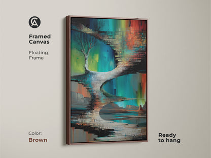 Framed canvas print displaying an abstract tree in green teal. The art has a floating frame for a stylish display. Ready to hang with a brown frame. Great for art lovers seeking desert landscape artwork.
