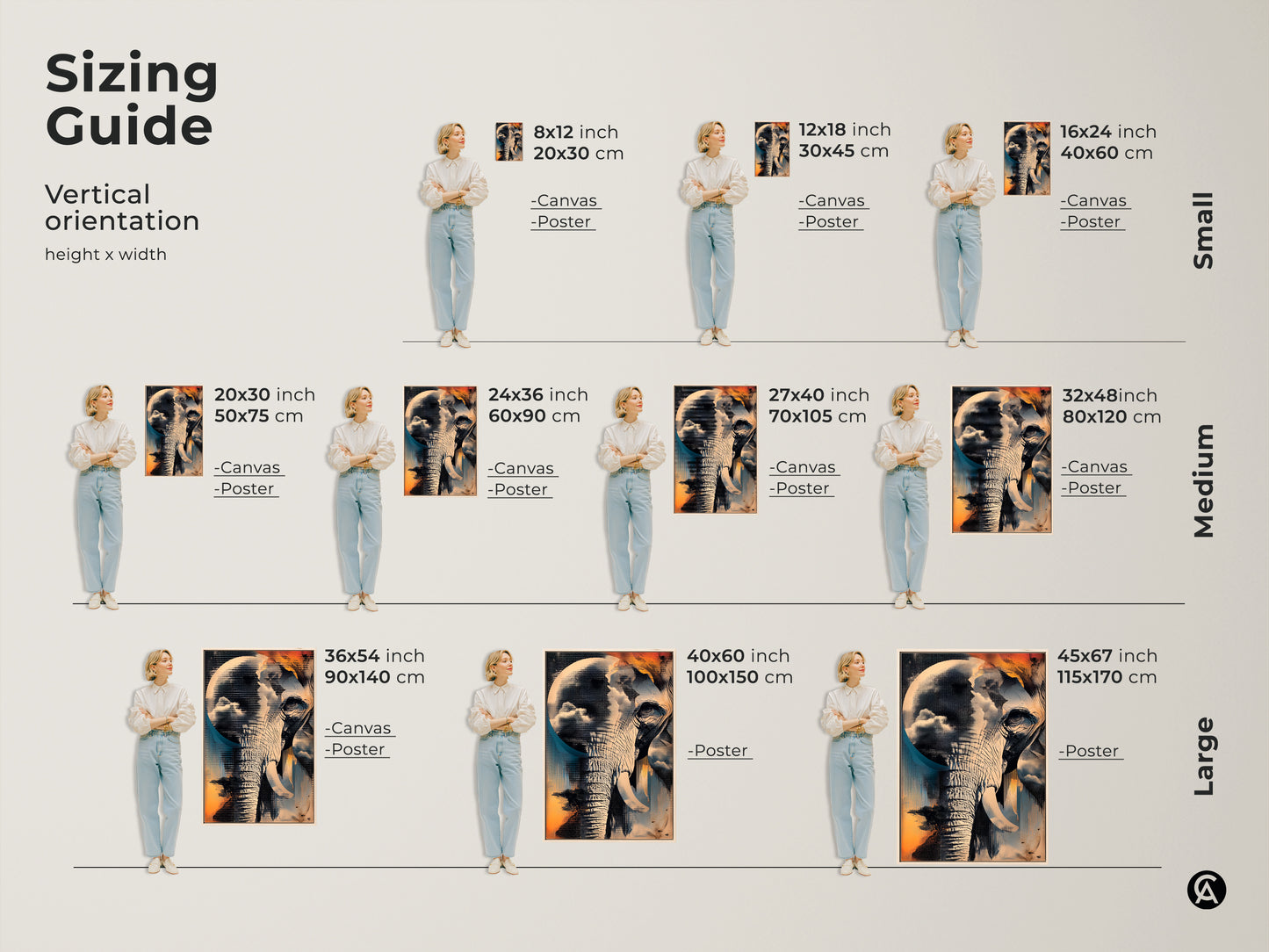 Sizing guide for vertical orientation abstract elephant art prints. Visual guide comparing canvas and poster sizes from small 8x12 to large 45x67 inches. Find the perfect fit for any room. Enhance your space with this teal blue orange eclectic artwork.