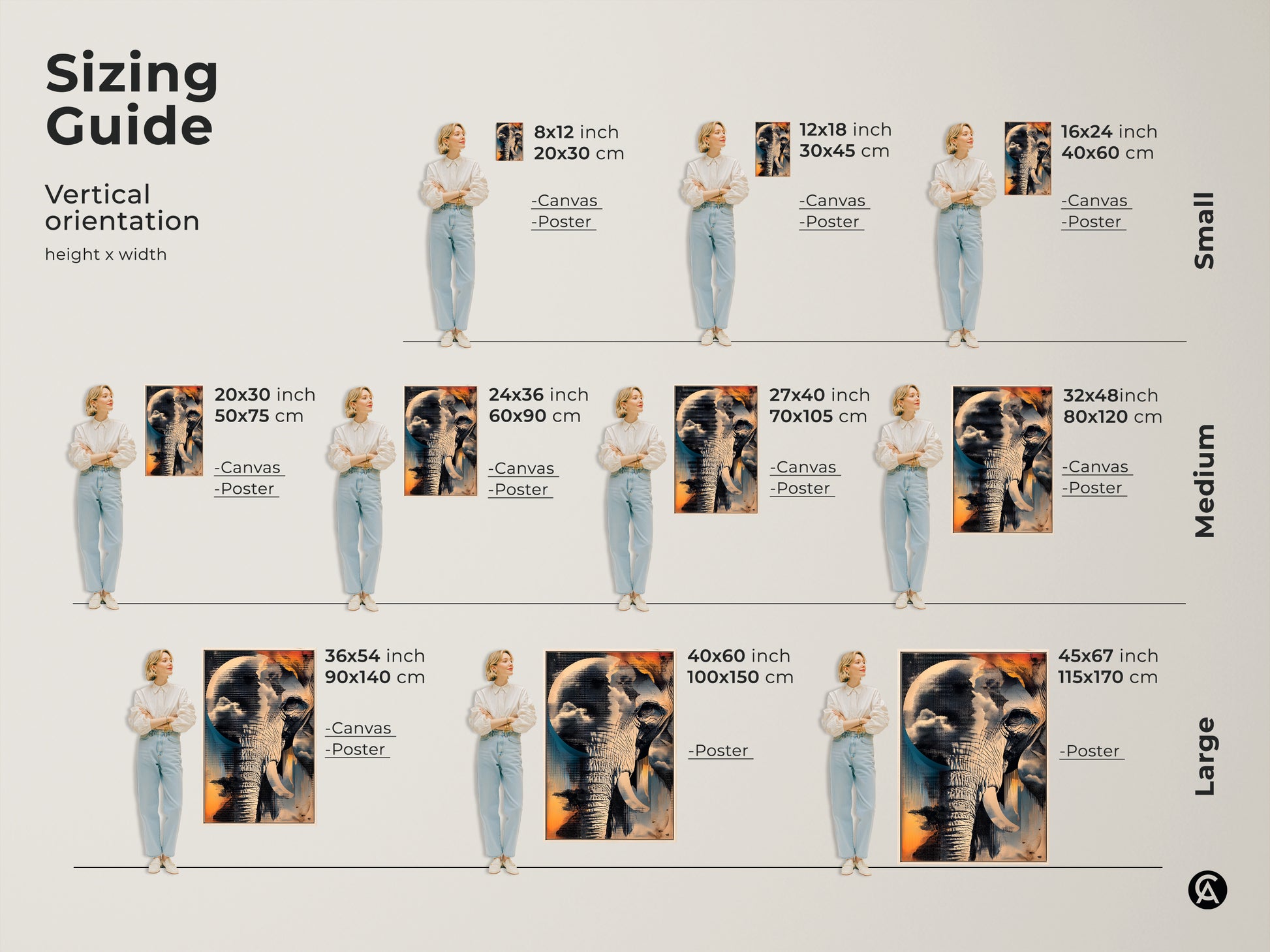Sizing guide for vertical orientation abstract elephant art prints. Visual guide comparing canvas and poster sizes from small 8x12 to large 45x67 inches. Find the perfect fit for any room. Enhance your space with this teal blue orange eclectic artwork.