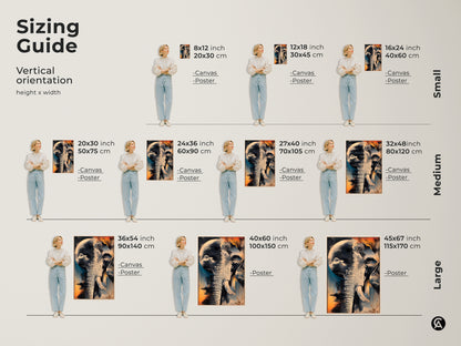 Sizing guide for vertical orientation abstract elephant art prints. Visual guide comparing canvas and poster sizes from small 8x12 to large 45x67 inches. Find the perfect fit for any room. Enhance your space with this teal blue orange eclectic artwork.