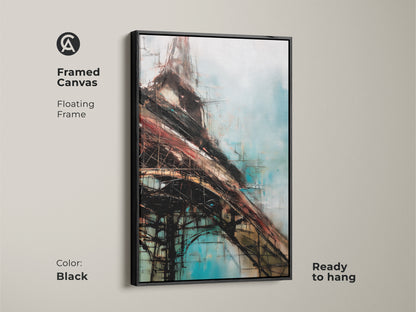 Framed canvas art with a floating black frame. This ready-to-hang abstract geometric artwork features modern blue brown and teal tones. Enhance your living room or office decor today.
