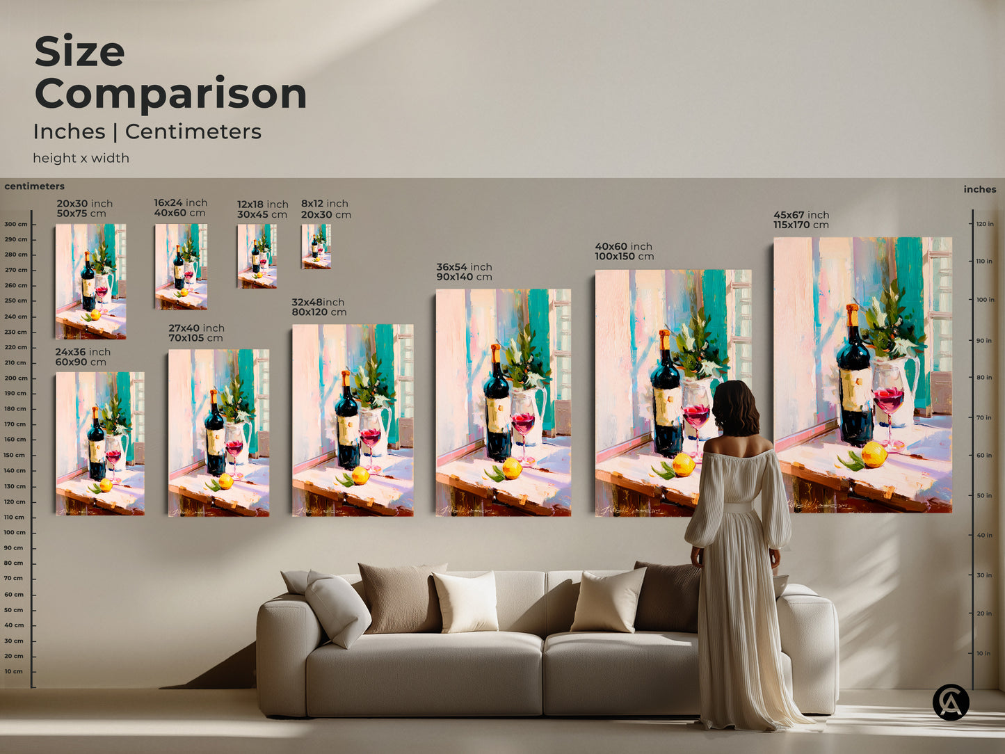 Compare sizes of this contemporary still life art. The image features a wine bottle and red wine glass. See how the artwork fits above a sofa. Available in inches and centimeters. Choose from various dimensions for canvas or poster prints. Perfect for kitchen decor and wine lovers seeking a housewarming gift.