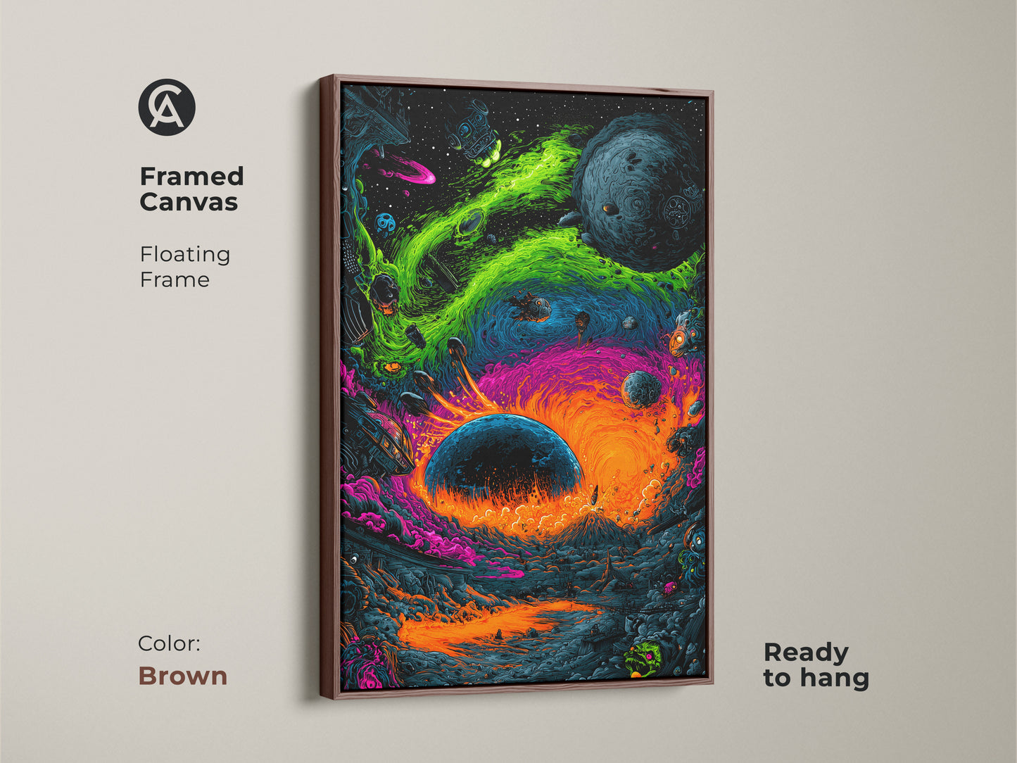 Transform your space with this framed canvas art print. The brown floating frame complements the vibrant space scene. This artwork showcases a surreal alien landscape. Ready to hang this piece adds a touch of cosmic wonder to your home. The brown frame enhances the art.