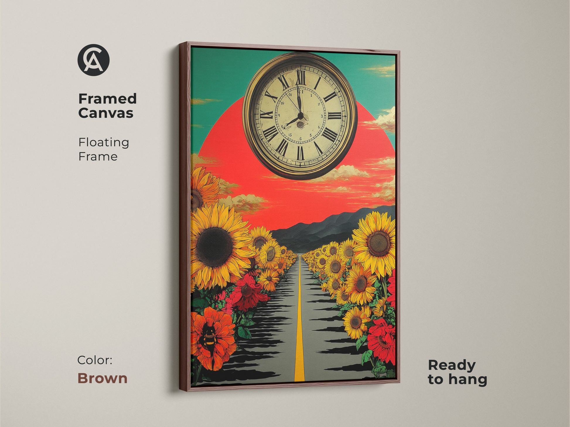 Framed canvas art print in a brown floating frame. The surreal sunflower road artwork features a retro clock. Yellow and red sunflowers line a path. This eclectic piece of home decor is ready to hang and adds a unique touch.