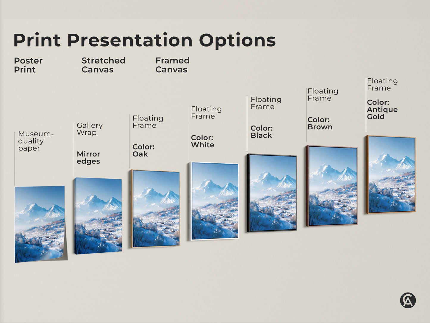 Explore print presentation options for winter mountain art. Choose from poster prints stretched canvases and framed canvases. Select a floating frame in black brown white or antique gold. Find the perfect artwork for your style.