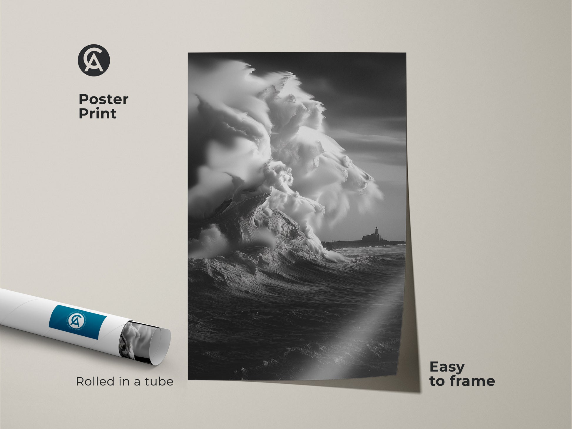 Poster Print showcasing monochrome ocean wave art. This coastal lighthouse canvas print features a black and white seascape. Easy to frame it arrives rolled in a tube. Nautical home decor featuring a stormy sea canvas. It's ocean view artwork for coastal homes.