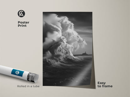 Poster Print showcasing monochrome ocean wave art. This coastal lighthouse canvas print features a black and white seascape. Easy to frame it arrives rolled in a tube. Nautical home decor featuring a stormy sea canvas. It's ocean view artwork for coastal homes.