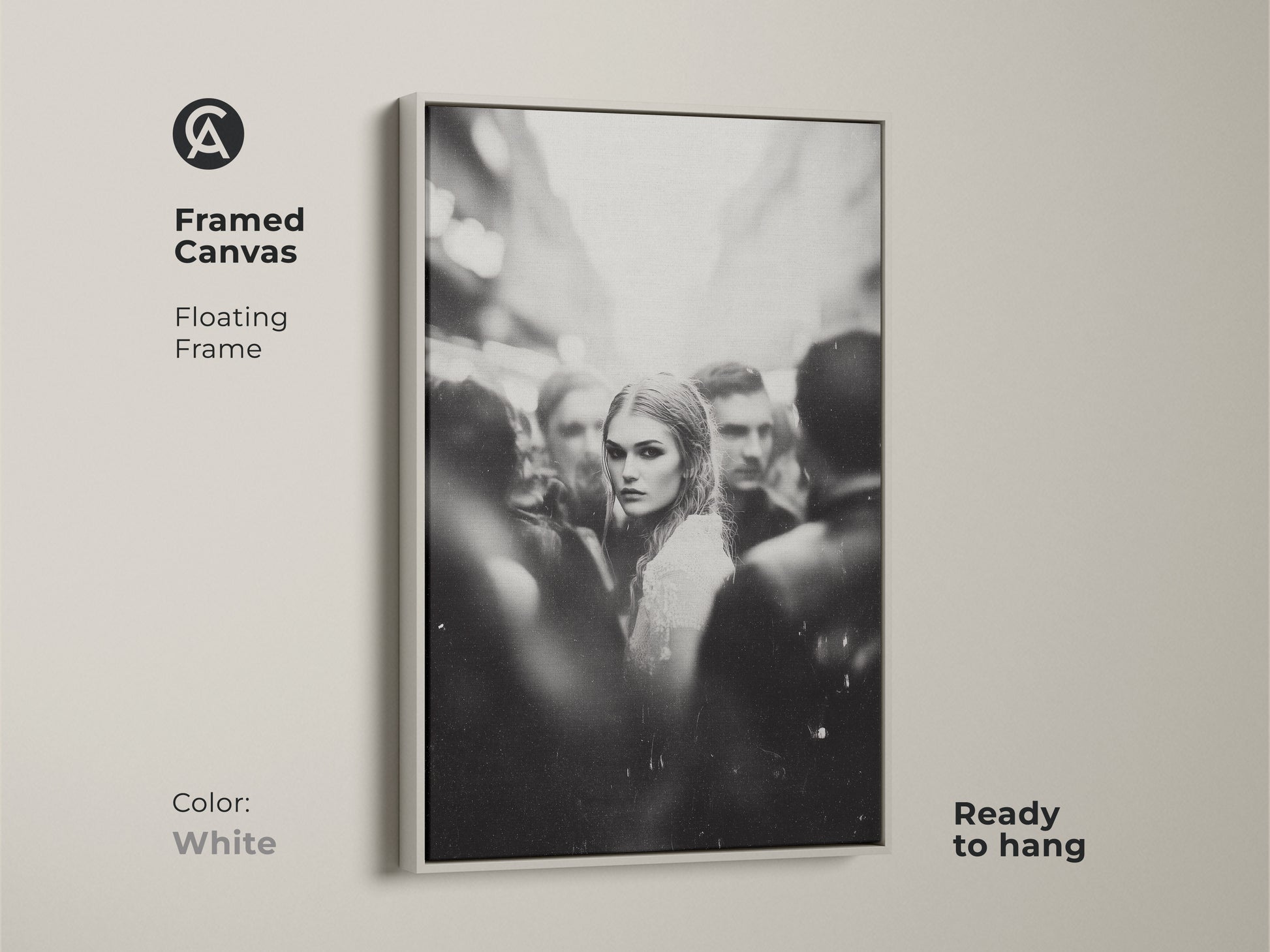 Enhance your space with framed black and white wall art. This monochrome street photography features a woman's portrait. The white floating frame adds a modern touch. Ready to hang in your bedroom or living room. Perfect for contemporary home decor. The white frame enhances the urban fine art print.