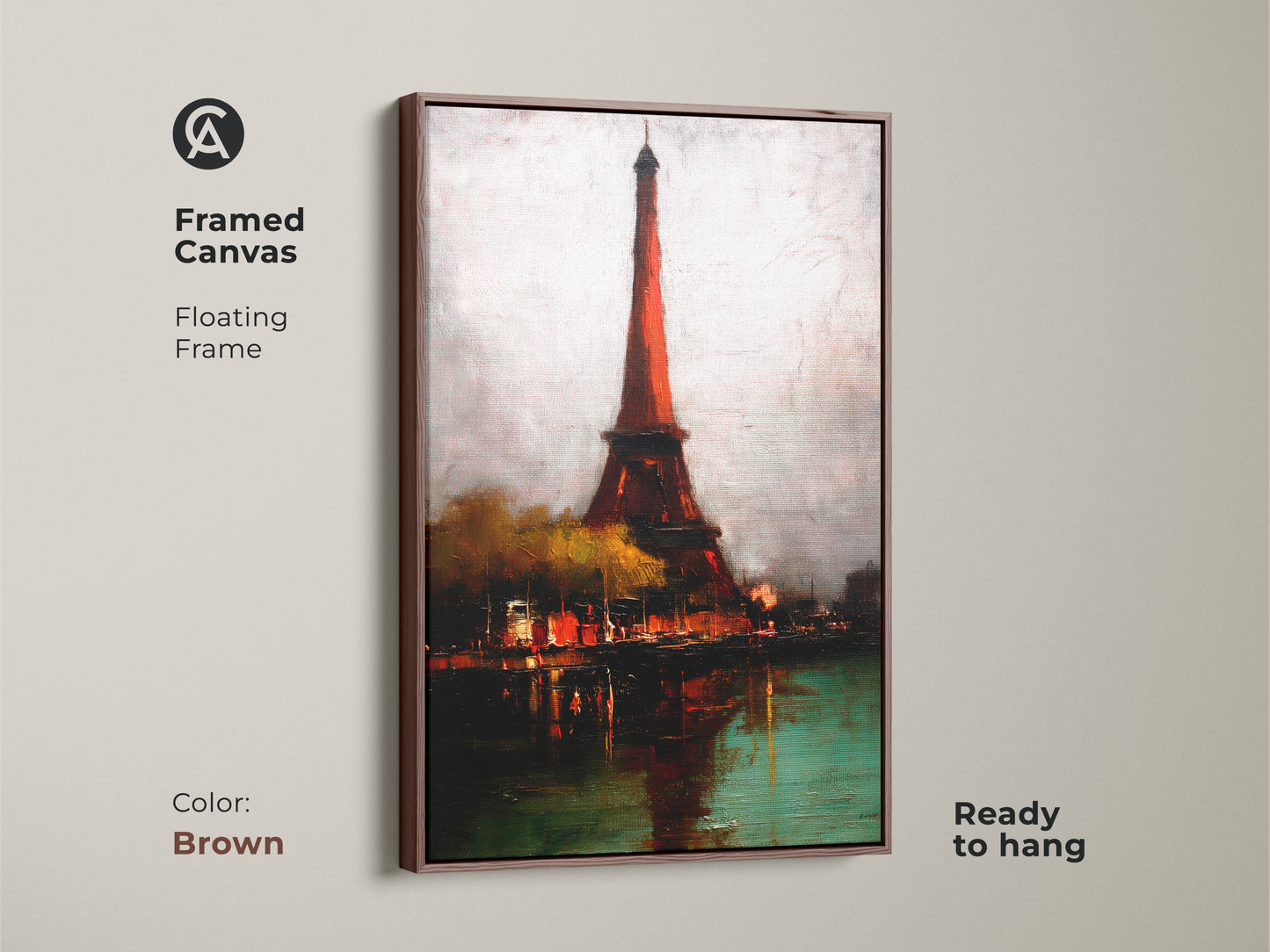 Framed Eiffel Tower art on canvas with a brown floating frame. A contemporary Parisian cityscape art print that is ready to hang. It offers a sophisticated and artistic addition to your home decor.