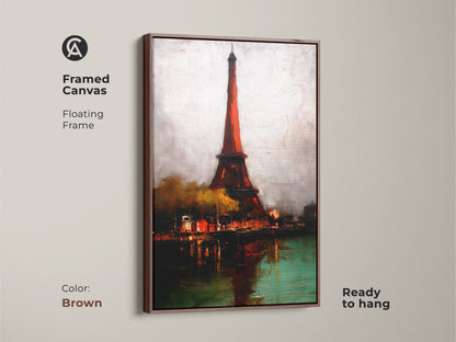 Framed Eiffel Tower art on canvas with a brown floating frame. A contemporary Parisian cityscape art print that is ready to hang. It offers a sophisticated and artistic addition to your home decor.