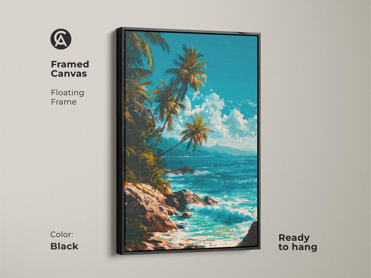 Framed canvas art in a floating frame with a black finish. The artwork captures a tropical beach scene. Ready to hang this piece adds a touch of elegance to any room. The black frame enhances the vibrant colors of the ocean and palm trees.
