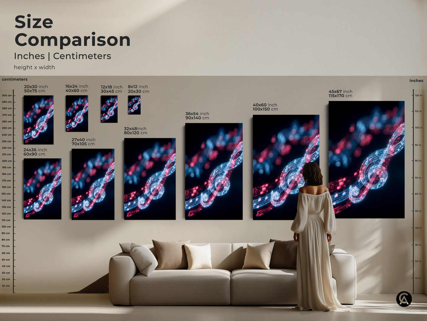 Size comparison of abstract music art prints in inches and centimeters. See how the neon treble clef canvas fits above a sofa. The electric blue and red artwork makes a statement in any room.