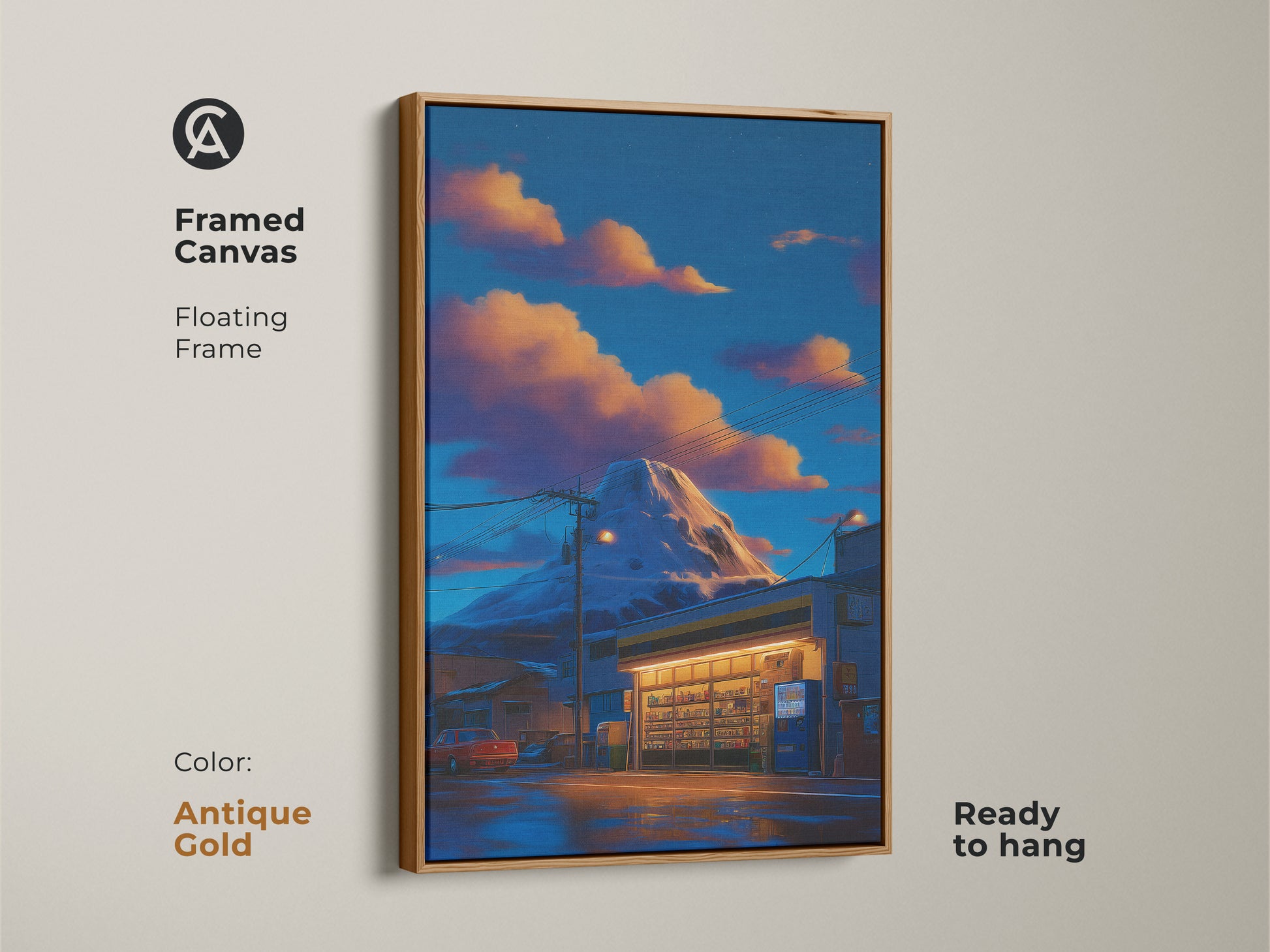 Antique gold framed canvas art print of a retro anime mountain convenience store. The deep blue and orange Japanese landscape is ready to hang. This floating frame enhances the eclectic artwork. Perfect for anime fans seeking unique bedroom wall art. This piece adds an atmospheric cityscape to any space.