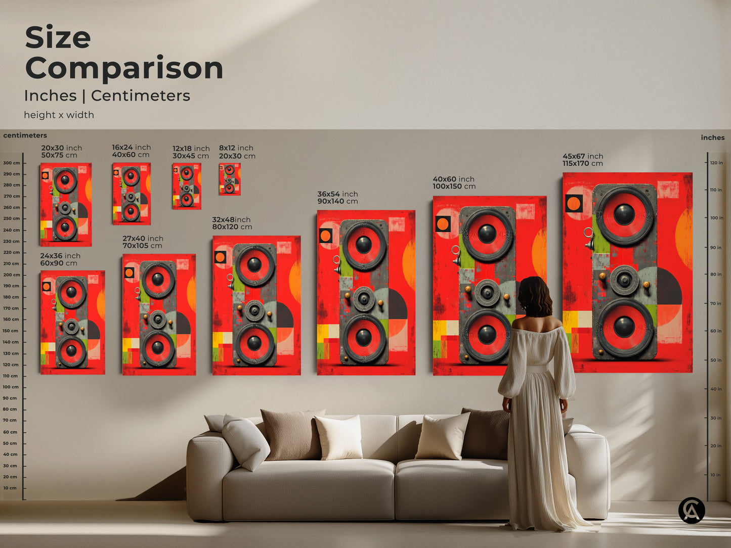Compare sizes of retro speaker artwork in inches and centimeters. Visualize how the abstract geometric sound wave art will look in your living room. See canvas and poster options to find your perfect fit.