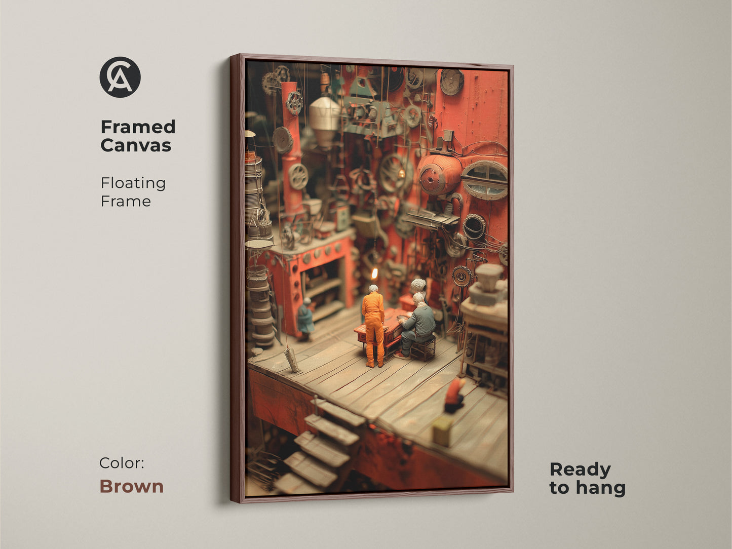 Framed canvas featuring a Steampunk diorama with a brown floating frame. The industrial factory art print is a unique vintage artwork. It will add a retro mechanical scene to any space. This miniature machinery canvas is ready to hang.