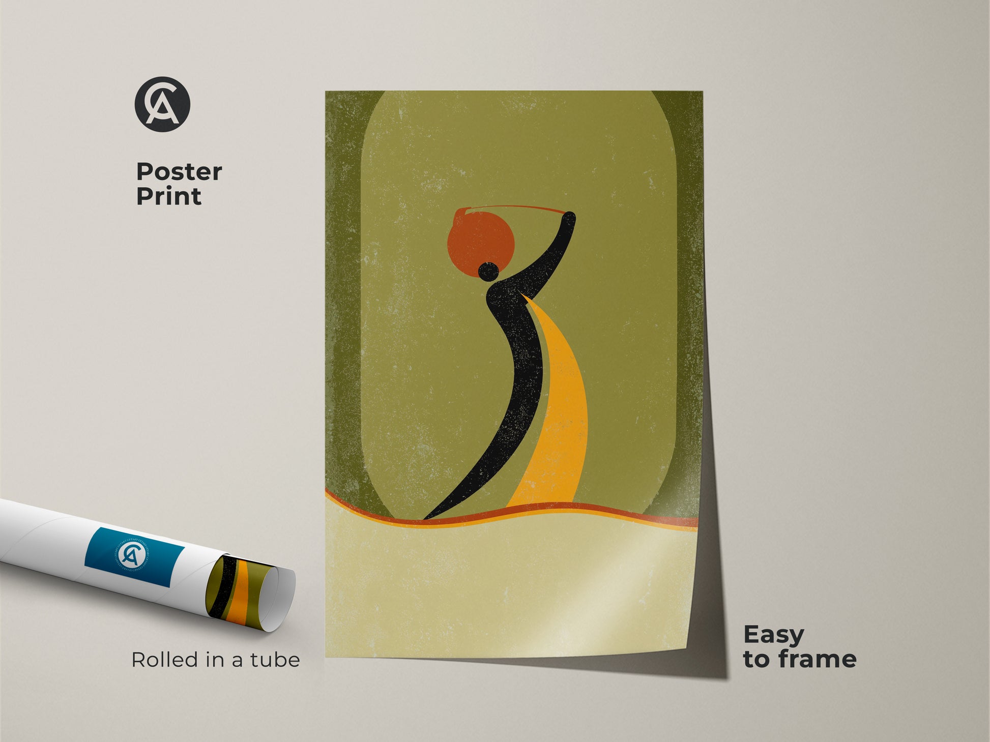 Poster print showcases an abstract woman carrying a pot in orange yellow and green art. This boho figurative print embodies mid-century modern decor. A unique housewarming gift and entryway wall decor element.