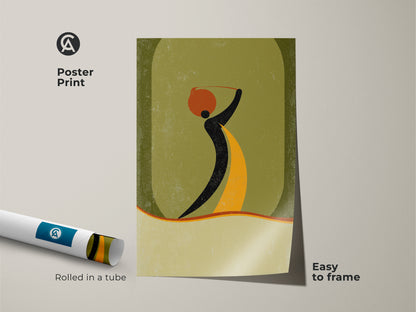 Poster print showcases an abstract woman carrying a pot in orange yellow and green art. This boho figurative print embodies mid-century modern decor. A unique housewarming gift and entryway wall decor element.