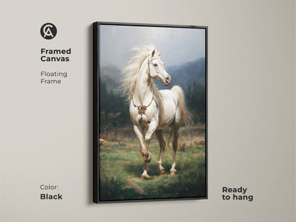 This framed canvas features a realistic white horse in a rustic green landscape. Ready to hang the black floating frame enhances the artwork. It is a perfect equestrian wall decor for any home. This print captures the serene beauty of nature. It is an ideal gift for horse enthusiasts.