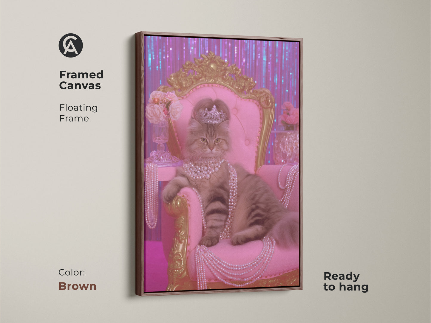 Framed canvas print of a cat wearing a crown seated on a pink throne. This artwork has a brown floating frame. This glam cat wall art adds luxury to any space. The unique pet portrait makes a great cat mom gift. Shop now for this animal royalty art perfect for eclectic bedroom decor.