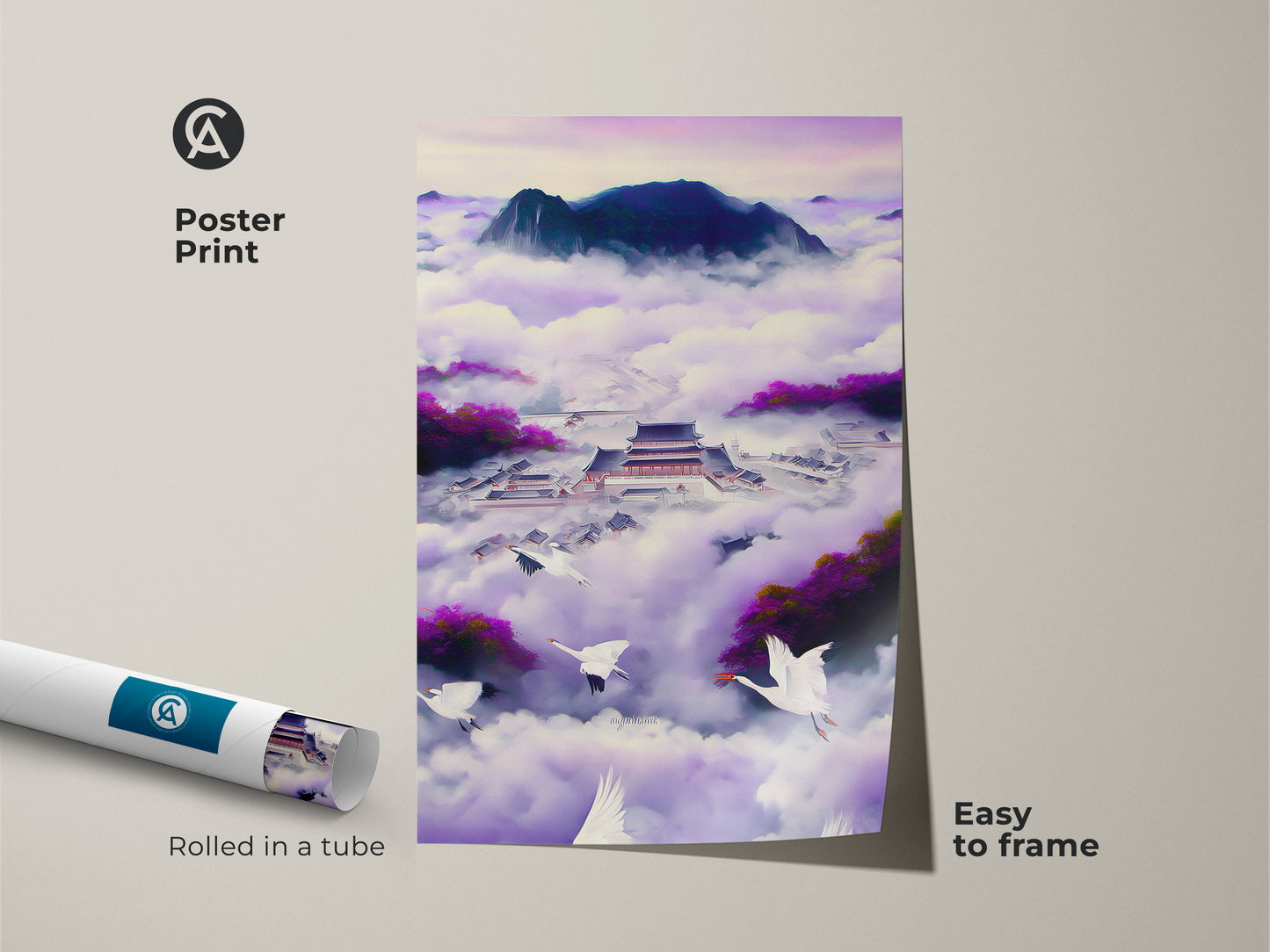 Poster print of a Japanese Palace in Ukiyo-e style. This features flying cranes against a violet indigo fantasy landscape. This Zen mindfulness artwork is easy to frame. The oriental fantasy art poster brings a serene touch.
