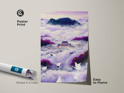 Poster print of a Japanese Palace in Ukiyo-e style. This features flying cranes against a violet indigo fantasy landscape. This Zen mindfulness artwork is easy to frame. The oriental fantasy art poster brings a serene touch.
