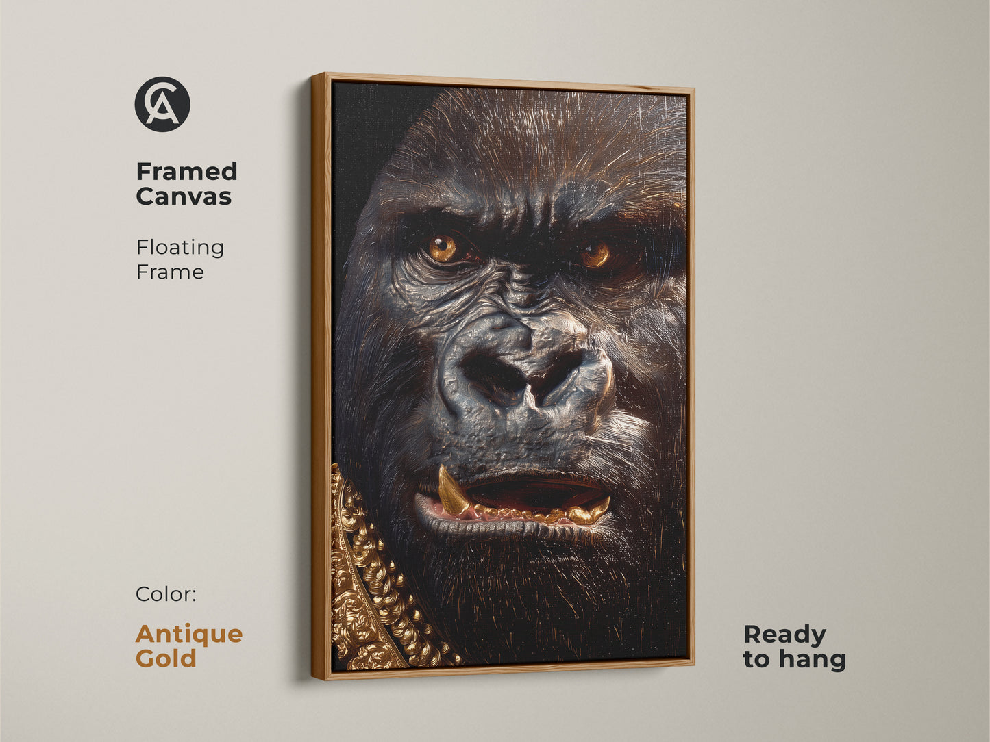 Framed canvas of a gorilla with a gold chain. The frame is antique gold and floating. This artwork is ready to hang. Shop framed animal art in gold frames today.