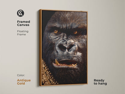 Framed canvas of a gorilla with a gold chain. The frame is antique gold and floating. This artwork is ready to hang. Shop framed animal art in gold frames today.