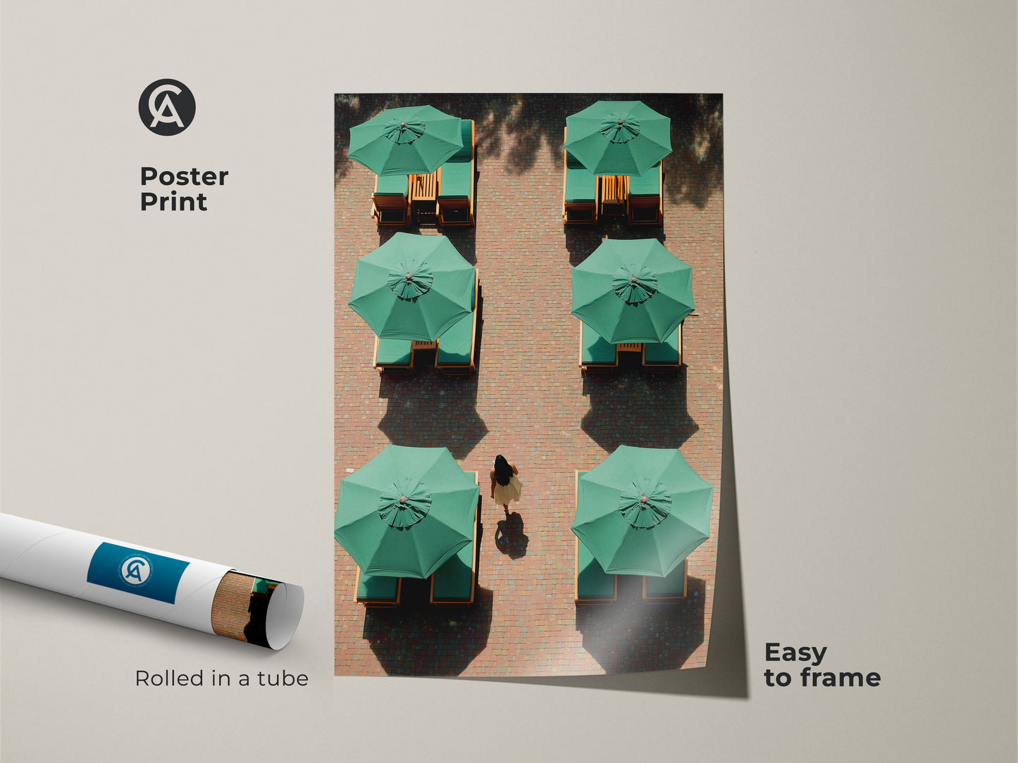 Minimalist travel canvas art is presented as a poster print. Rolled in a tube this contemporary lounge art is easy to frame. The green umbrellas offer a modern aesthetic. It's a unique housewarming gift for travelers.