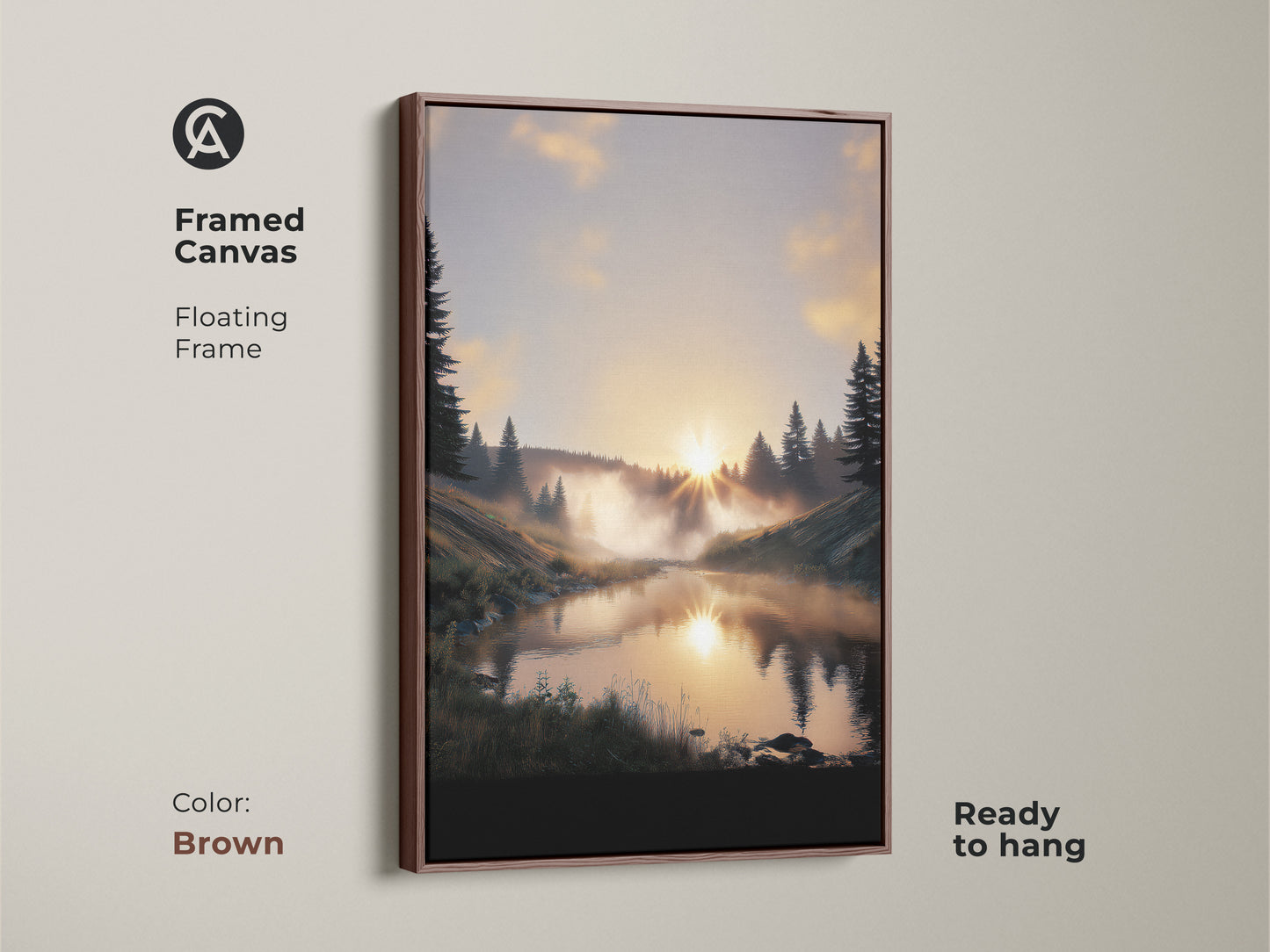 Brown framed canvas featuring a forest sunrise. This rustic landscape print has a floating frame. The warm tones nature artwork enhances any space. A serene addition to cabin decor wall art.
