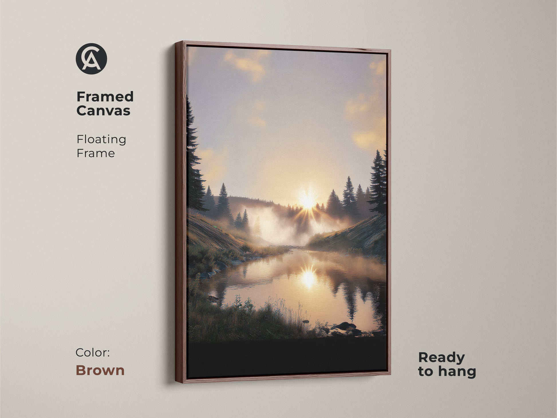 Brown framed canvas featuring a forest sunrise. This rustic landscape print has a floating frame. The warm tones nature artwork enhances any space. A serene addition to cabin decor wall art.