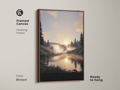 Brown framed canvas featuring a forest sunrise. This rustic landscape print has a floating frame. The warm tones nature artwork enhances any space. A serene addition to cabin decor wall art.