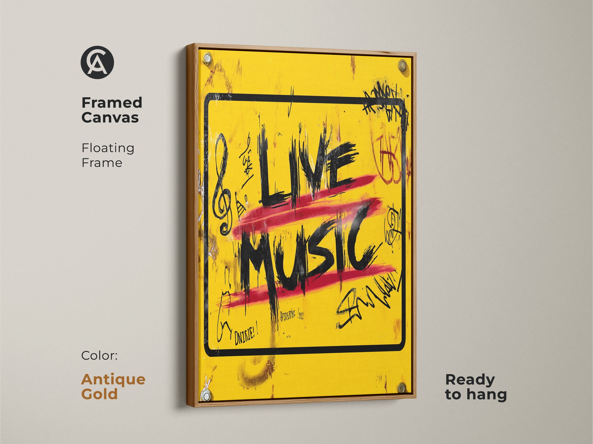 This 'Live Music' graffiti art print is presented in a floating antique gold frame enhancing its eclectic appeal. The vibrant yellow urban street canvas with red and black accents stands out. Ready to hang this musician gift idea adds a touch of vintage flair to any room.