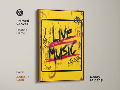 This 'Live Music' graffiti art print is presented in a floating antique gold frame enhancing its eclectic appeal. The vibrant yellow urban street canvas with red and black accents stands out. Ready to hang this musician gift idea adds a touch of vintage flair to any room.