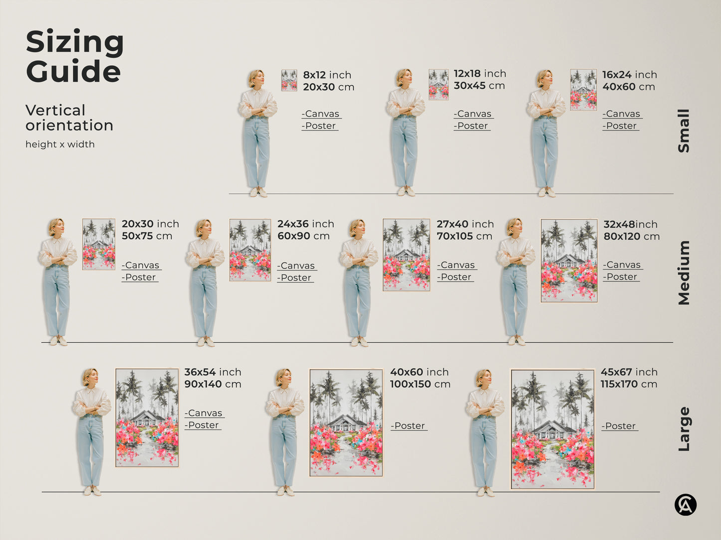 Vertical orientation sizing guide for house and pine trees art. Visualize how different sizes fit with canvas and poster options. Perfect for farmhouse entry hall decor. Transform your living space with nature-inspired artwork.