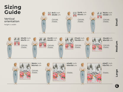 Vertical orientation sizing guide for house and pine trees art. Visualize how different sizes fit with canvas and poster options. Perfect for farmhouse entry hall decor. Transform your living space with nature-inspired artwork.