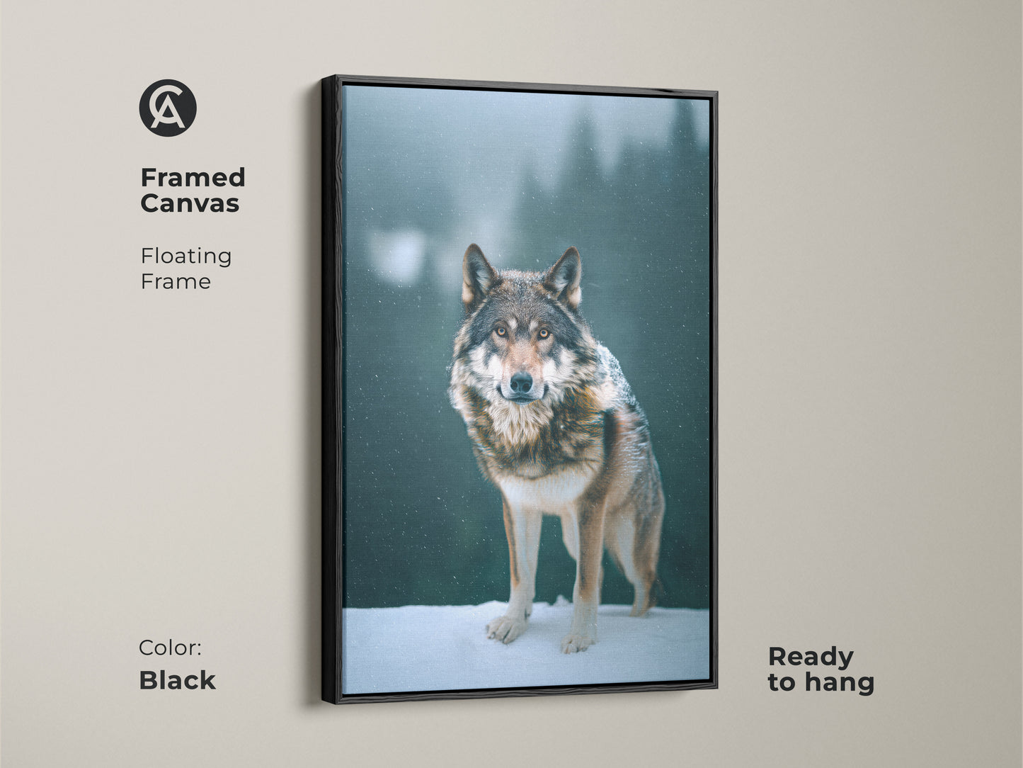 Framed wolf canvas art with a sleek black floating frame. This ready-to-hang piece features a photorealistic wolf against a snowy forest. Perfect for adding wildlife decor. The gray brown teal art complements any room. Ideal housewarming gift for wolf lovers.