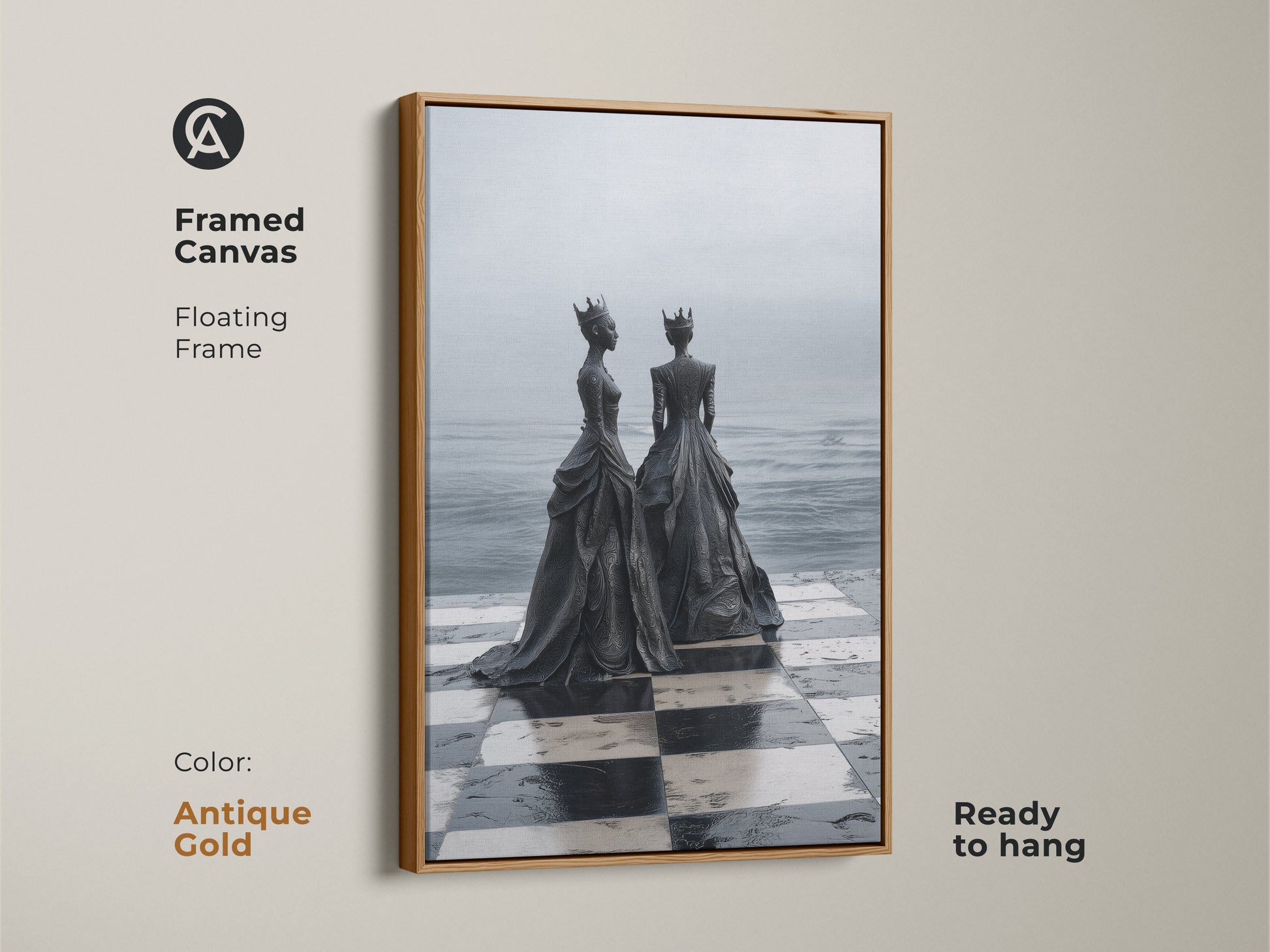 Framed Canvas Print of a surreal monochrome chess queen artwork with an antique gold floating frame. This black and white chess art is ideal dark academia wall art for a man cave.