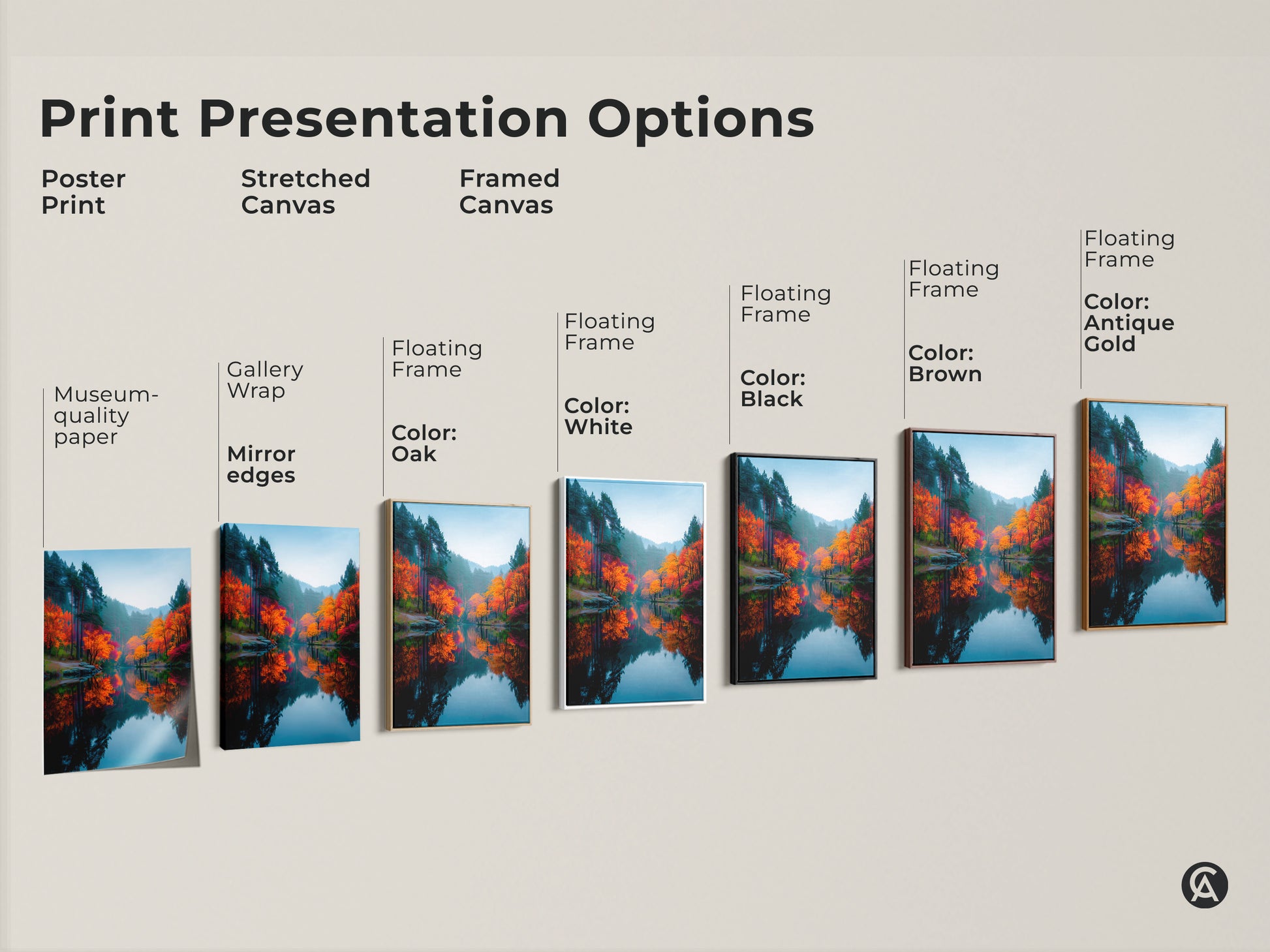 Explore various print presentation options for landscape art. Choose from poster prints stretched canvas or framed canvas. Find the perfect style to showcase this vibrant autumn forest scene.