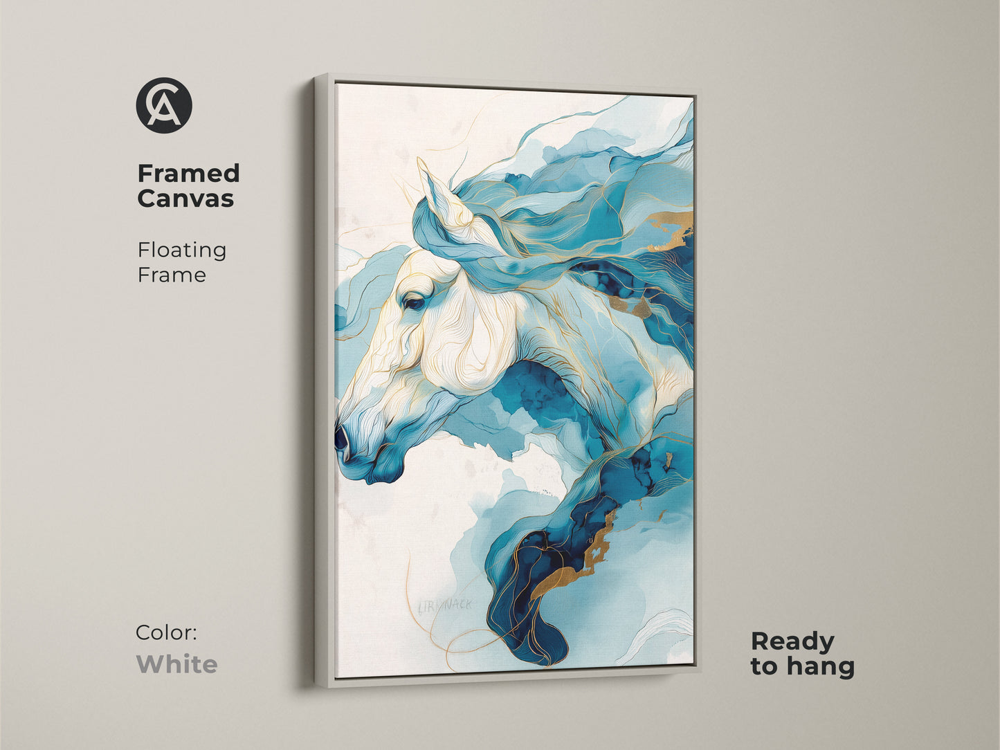 Framed canvas with a white floating frame showcasing a blue and gold abstract horse. This equine artwork is ready to hang. It brings contemporary elegance to any room. This is ideal for modern decor.