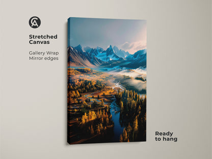 Stretched canvas art showcasing a stunning mountain river scene. This gallery-wrapped canvas features mirrored edges and is ready to hang. Enhance your living space with this captivating landscape artwork. Explore our selection of canvas art prints today