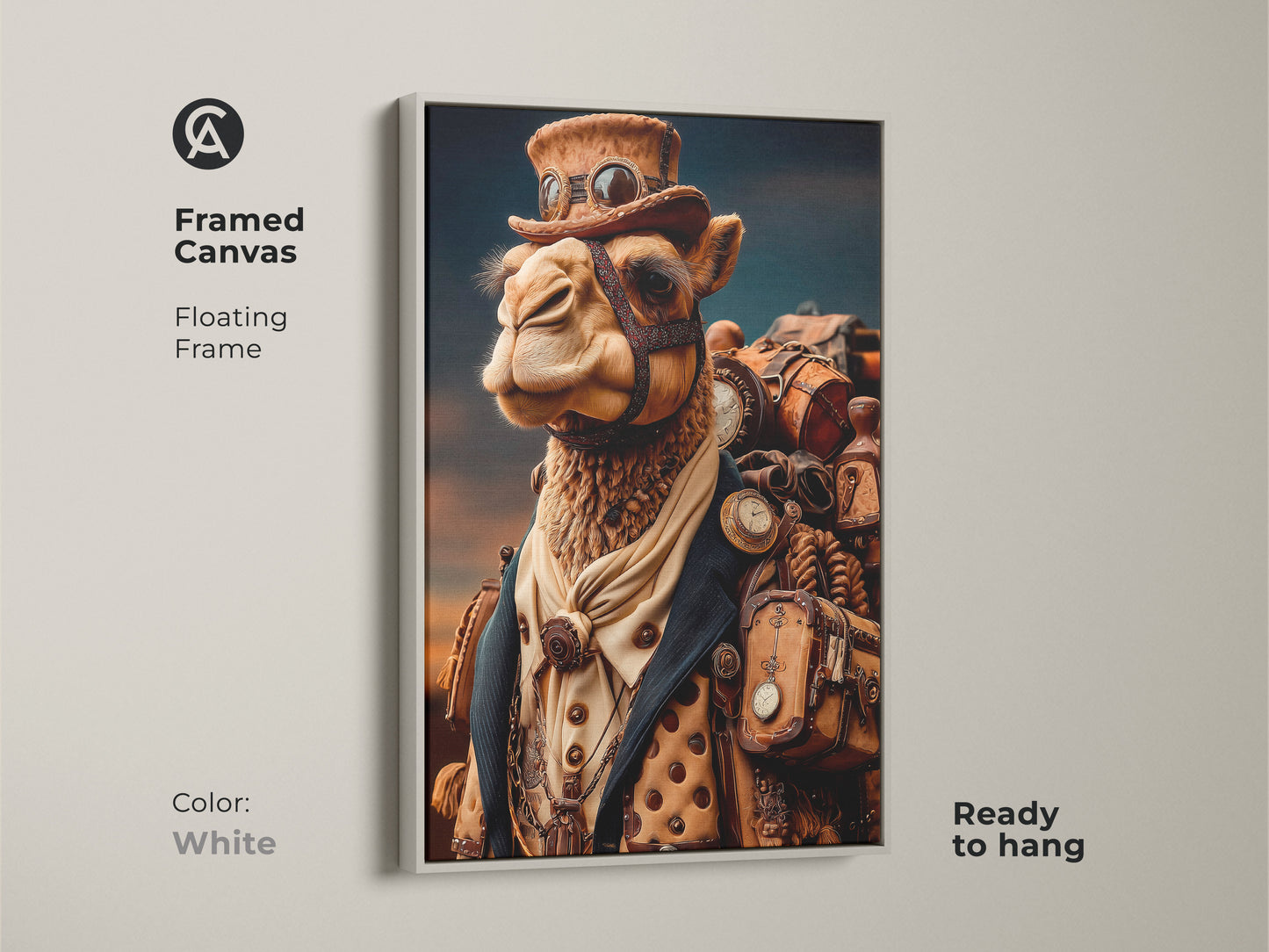 Framed Canvas Steampunk Camel artwork. White floating frame enhances the camel with goggles and pocket watches. The Goggles and Gears Art is ready to hang. Great Tan Brown Wall Decor.