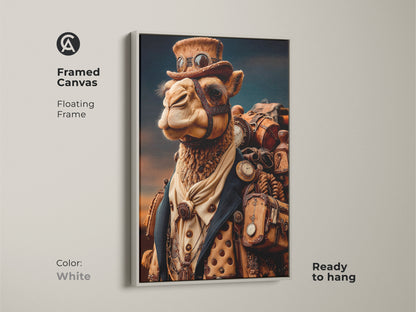 Framed Canvas Steampunk Camel artwork. White floating frame enhances the camel with goggles and pocket watches. The Goggles and Gears Art is ready to hang. Great Tan Brown Wall Decor.