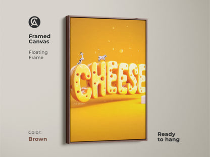 Framed canvas with a brown frame showcasing 3D yellow cheese word art. The floating frame enhances its artistic appeal. Ready to hang this is perfect as kitchen decor. The artwork adds an eclectic and playful touch.