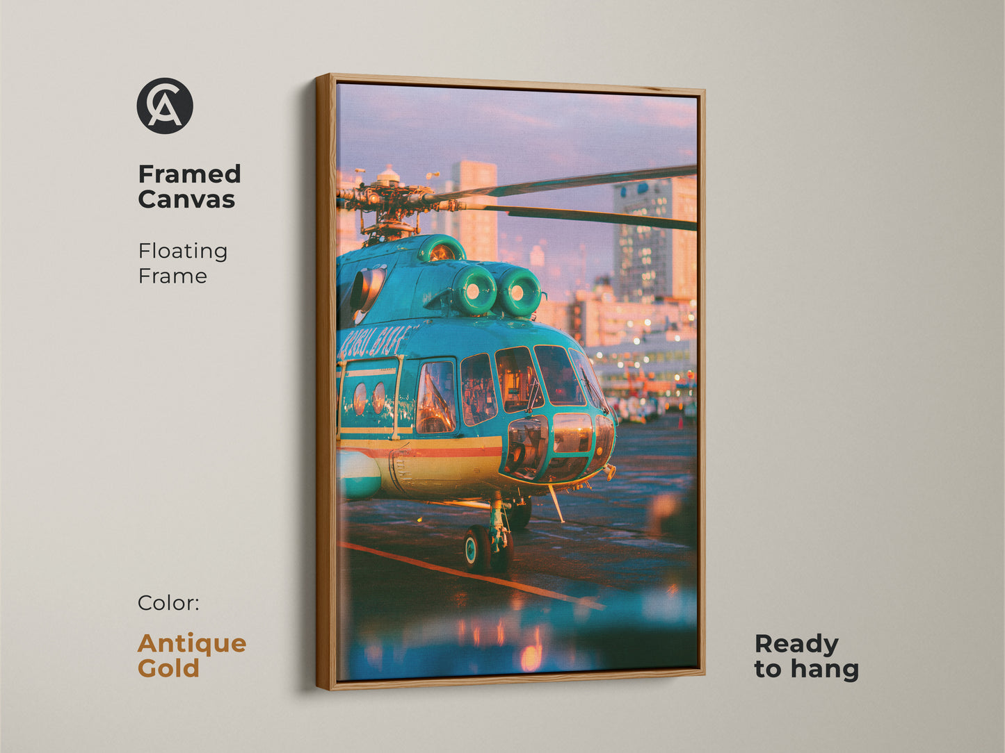 A framed canvas artwork featuring a teal helicopter at sunset. The floating antique gold frame adds elegance to the artwork. Ready to hang this piece elevates any room. Perfect for aviation enthusiasts. Adorn your walls with this timeless aviation artwork. Buy now.