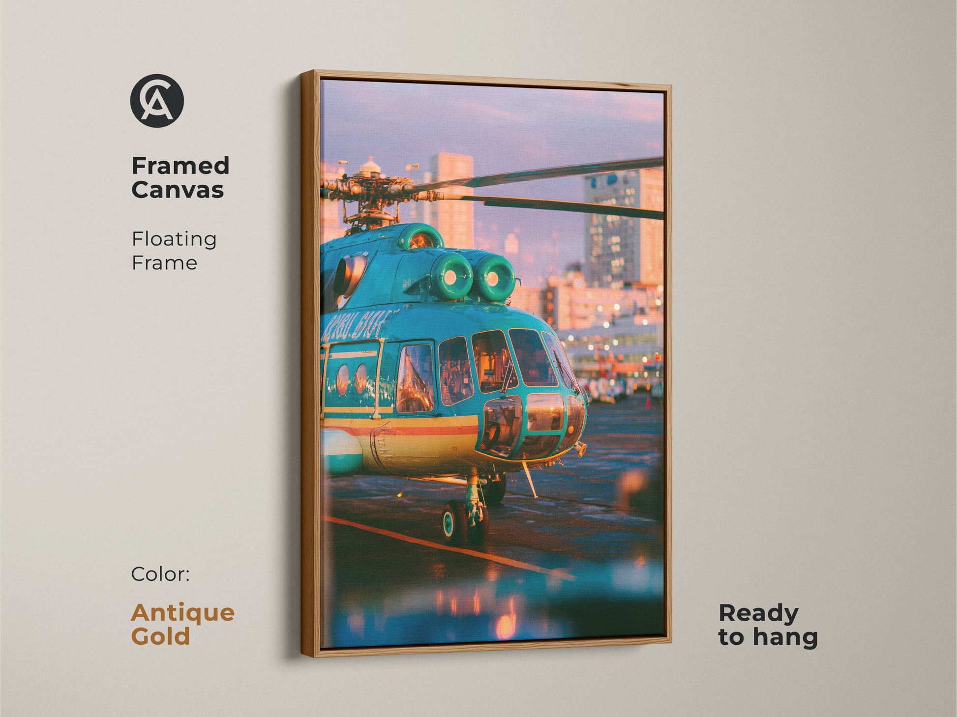 A framed canvas artwork featuring a teal helicopter at sunset. The floating antique gold frame adds elegance to the artwork. Ready to hang this piece elevates any room. Perfect for aviation enthusiasts. Adorn your walls with this timeless aviation artwork. Buy now.