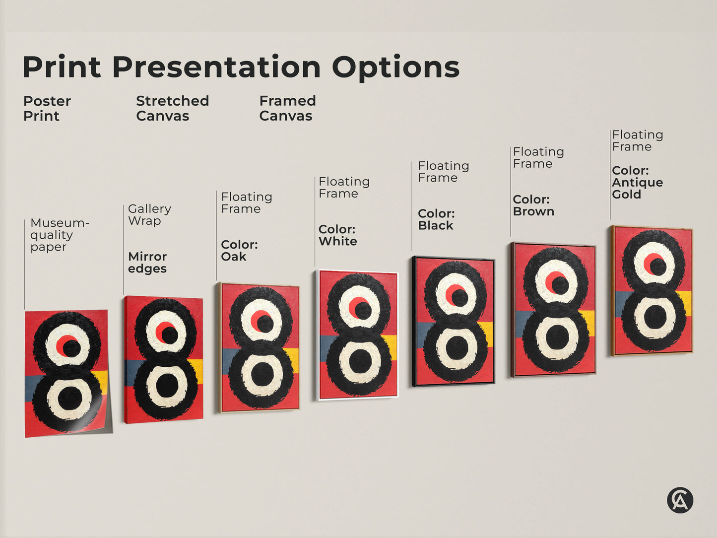 Print presentation options for abstract geometric art featuring bold red black circles. Choose from a poster print stretched canvas or framed canvas. Floating frame options in white black brown and antique gold.