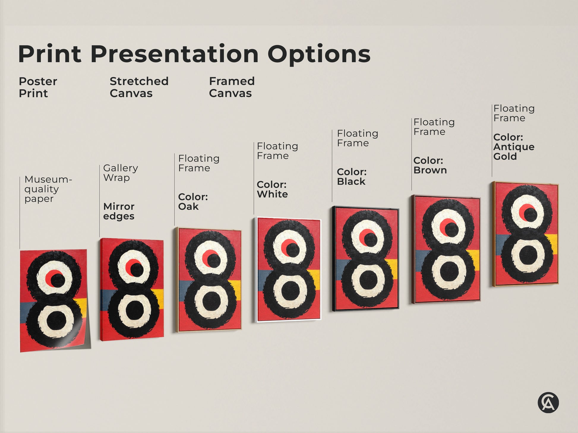 Print presentation options for abstract geometric art featuring bold red black circles. Choose from a poster print stretched canvas or framed canvas. Floating frame options in white black brown and antique gold.
