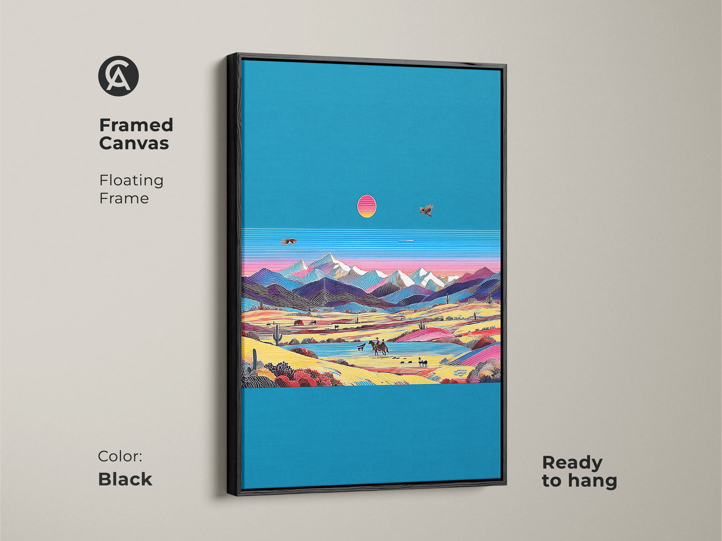 Framed canvas art showing a retro wave desert landscape. The black floating frame highlights the cowboy mountain scene. Teal pink eclectic wall decor serves as a unique home accent. Ideal for travel lovers. Ready to hang western themed wall art.