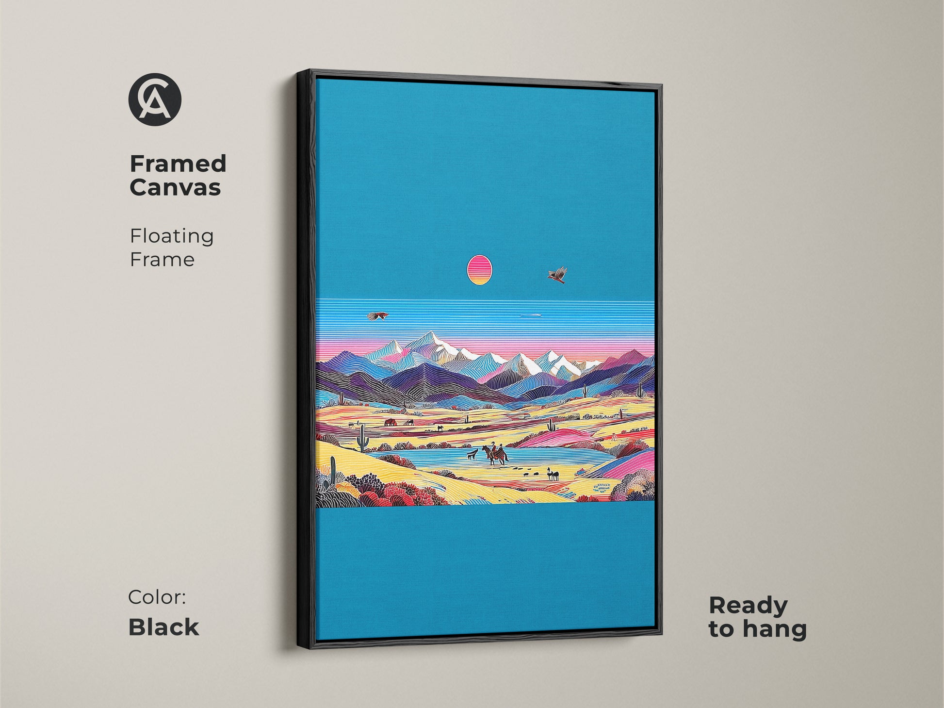 Framed canvas art showing a retro wave desert landscape. The black floating frame highlights the cowboy mountain scene. Teal pink eclectic wall decor serves as a unique home accent. Ideal for travel lovers. Ready to hang western themed wall art.