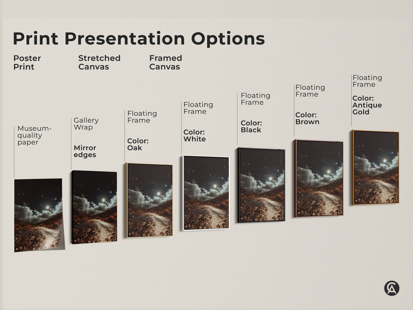 Explore print presentation options for a moonlit road artwork. Choose from poster prints stretched canvas and framed canvas. Each features a dark brown landscape with gray and orange accents. Perfect eclectic home decor. These nature wall art prints capture a celestial night sky. Cinematic road trip artwork adds mood to any room.